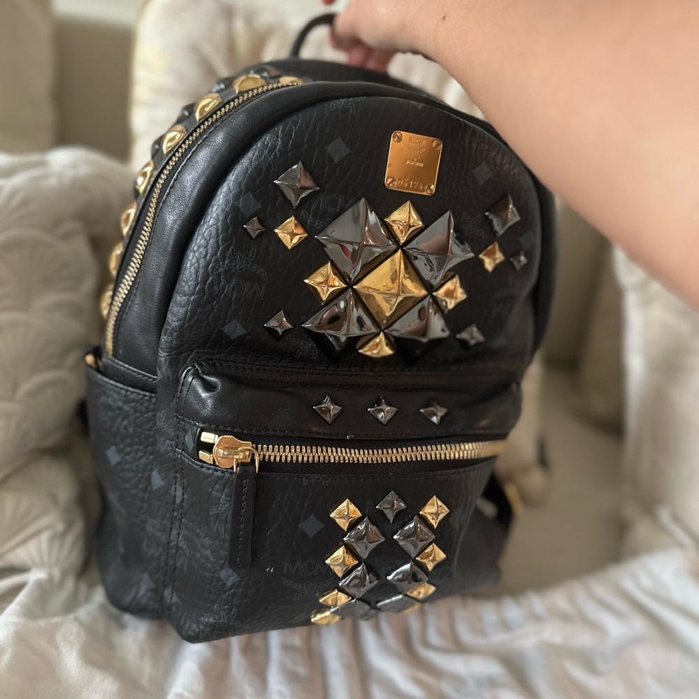 Authentic MCM Black Backpack with Gold Studs - Picture 14 of 17